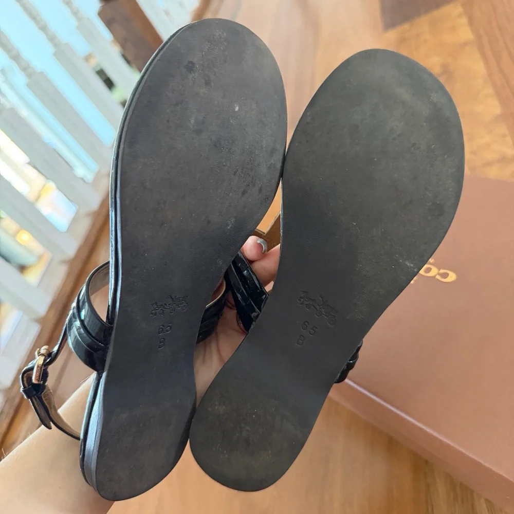 Coach Caterine Black Patent Leather T-Strap Sandals with Gold Accent - Picture 5 of 5